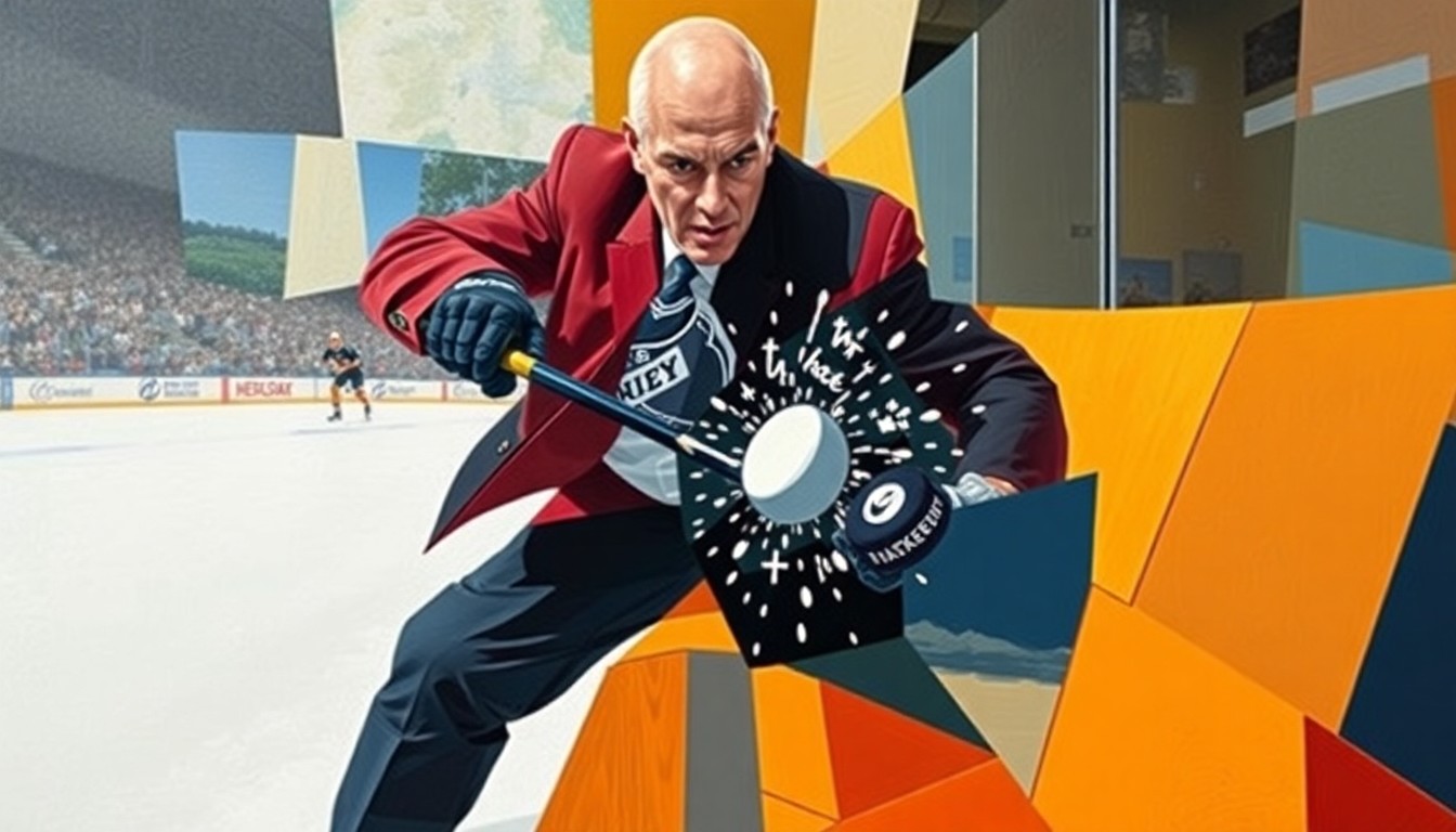 A cubist, geometric painting depicting a hockey coach being struck by a puck on the bench, with the impact broken down into sharp, overlapping planes of color and form.