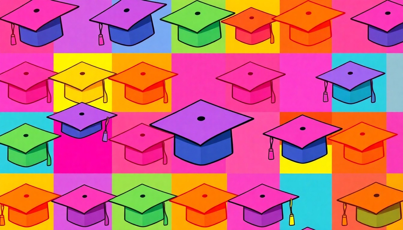 A brightly colored, high-contrast silkscreen print of a graduation cap icon repeated in a tight grid pattern, capturing the celebratory spirit of Big Brothers Big Sisters' efforts to support students as they transition to the next phase of their lives.