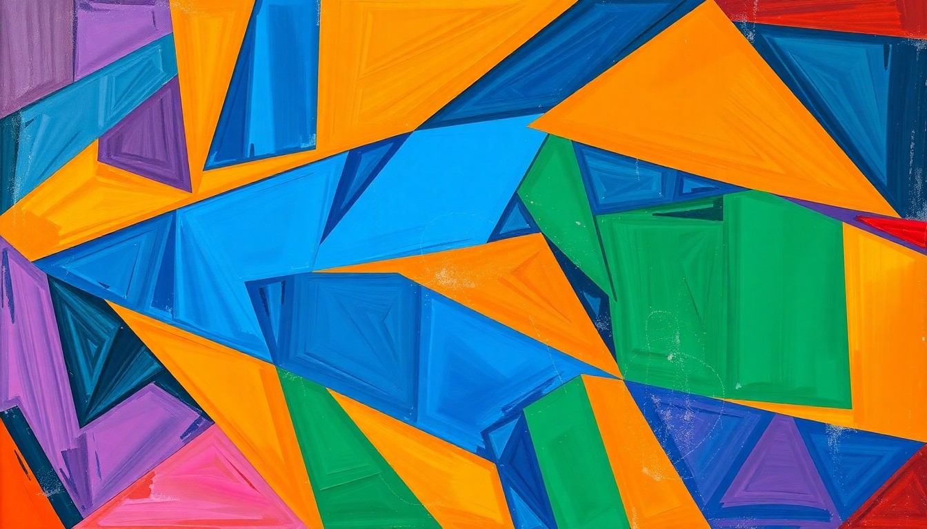 A fractured, cubist-style painting depicting the action of a basketball game, with sharp geometric shapes and planes of color representing the players and movement on the court.