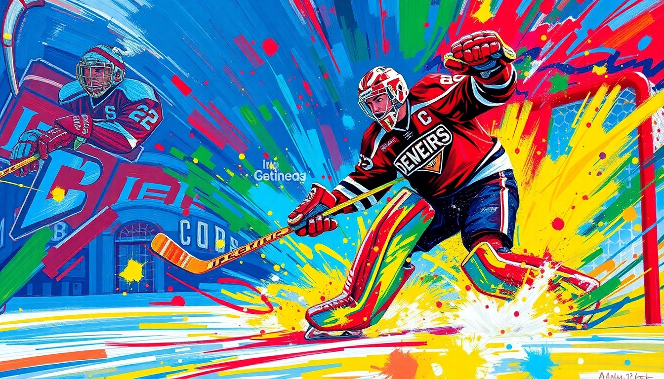 An extreme close-up of a goaltender making a save, the movement and energy captured in a vibrant, expressionist style with neon colors and rapid brushstrokes, conceptually representing the outstanding performance of Denver's Johnny Hicks in the national championship game.