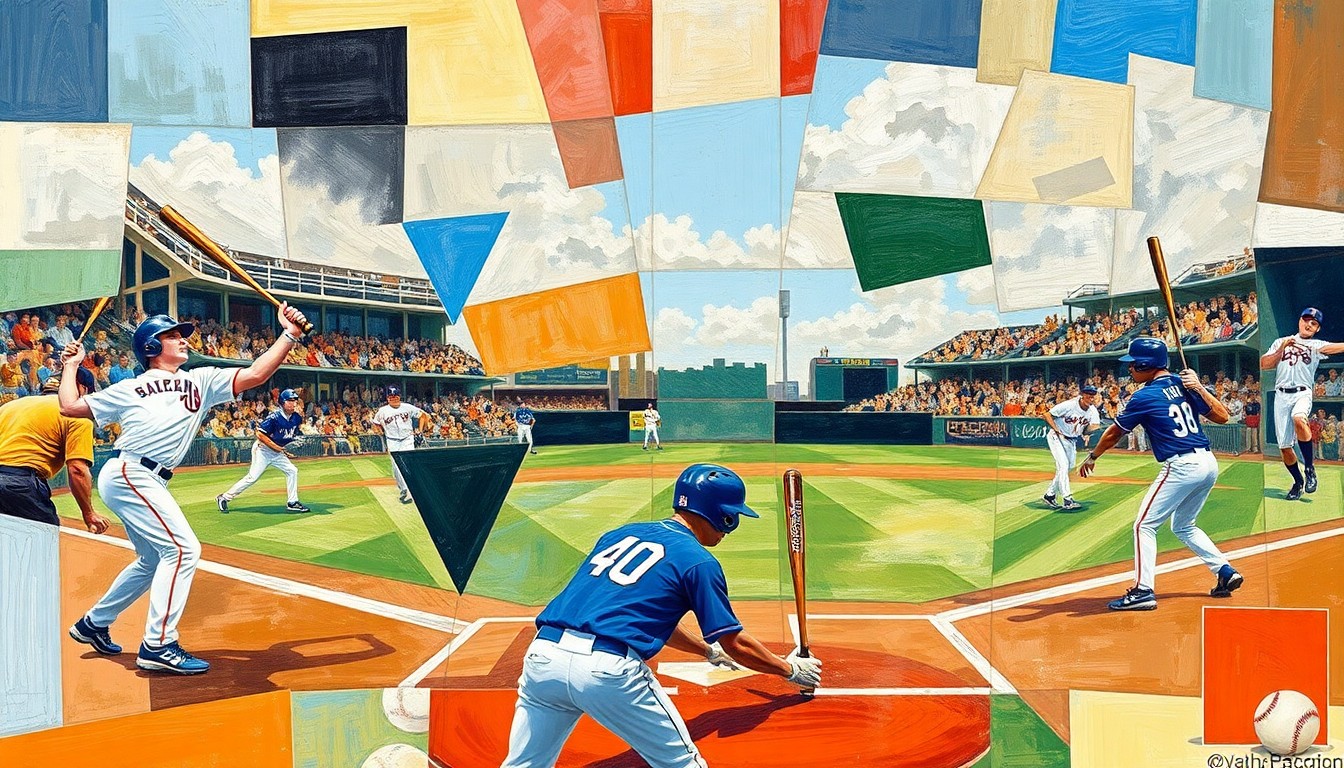 A fragmented, geometric painting depicting the dynamic movements and competitive spirit of a high school baseball game, with players, bats, and the field rendered in an abstract, cubist style.