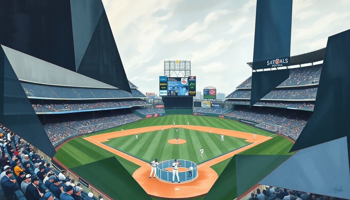 A cubist, geometric painting depicting a baseball game in an abstract, deconstructed style, with the players, field, and stadium broken down into overlapping planes of muted colors.