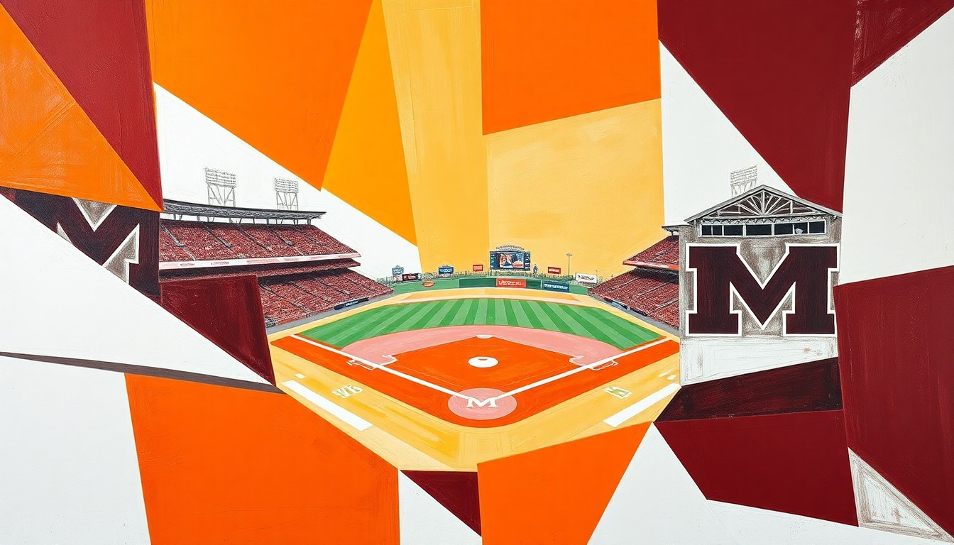 A cubist, geometric painting depicting a college baseball game, with the action broken down into sharp, overlapping planes of orange, white, maroon, and white, representing the team colors of Tennessee and Mississippi State.