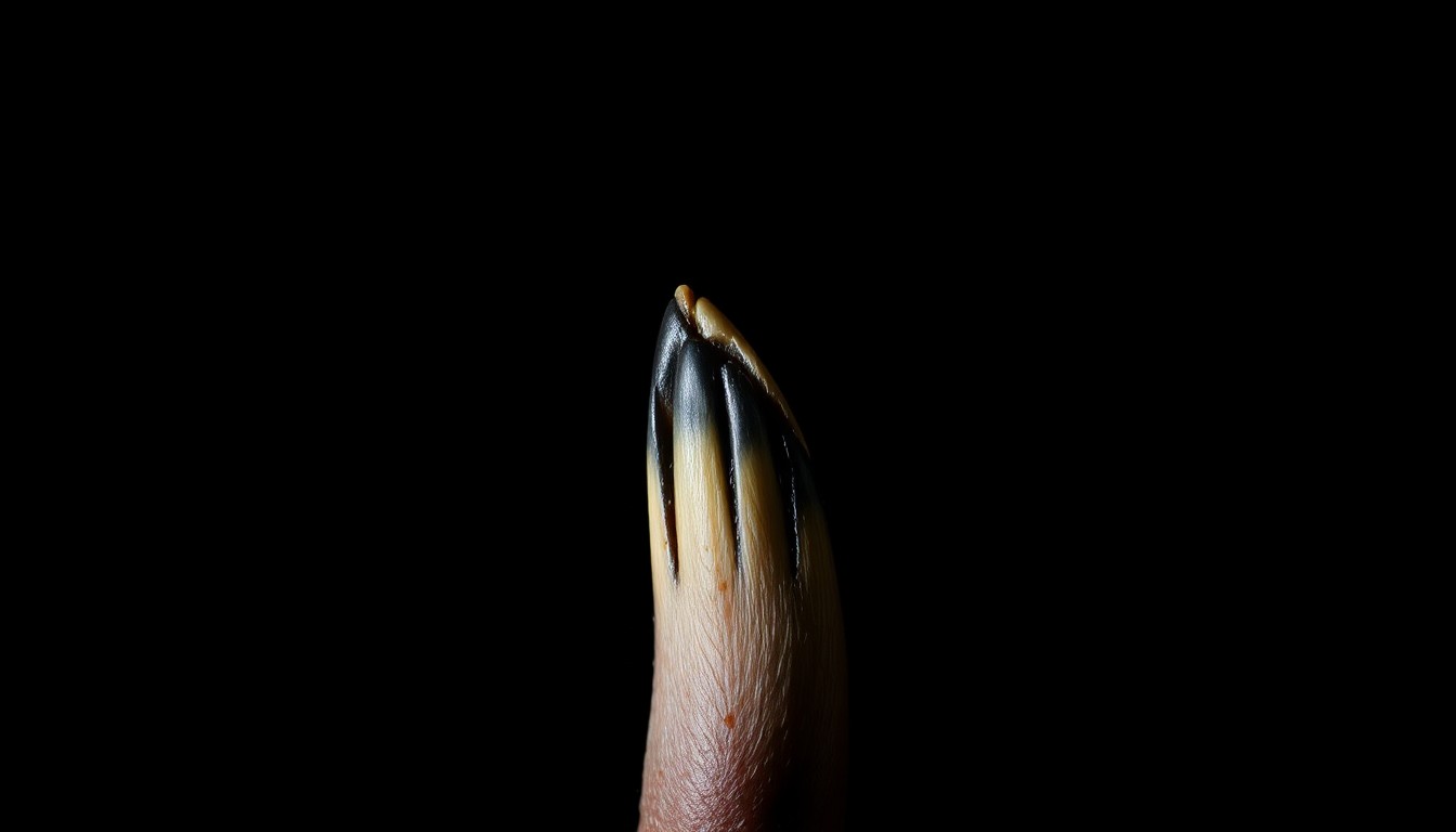 An extreme close-up of a sharp dog's tooth or claw against a pitch-black background, lit by a harsh, direct camera flash to create a stark, gritty, investigative aesthetic that conceptually represents the violence of the pit bull attack.
