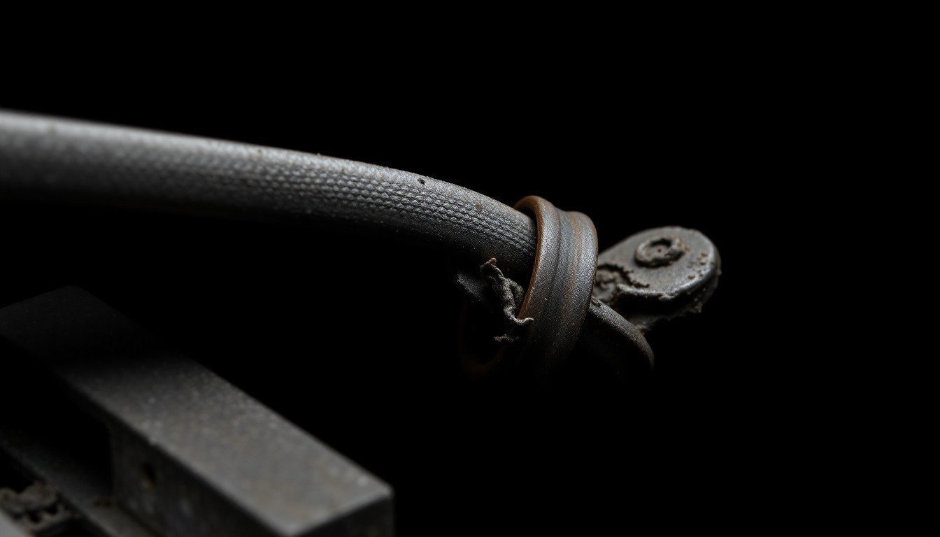 An extreme close-up photograph of a crumpled, twisted piece of metal train track against a pitch-black background, conveying the stark, gritty aftermath of a criminal act.