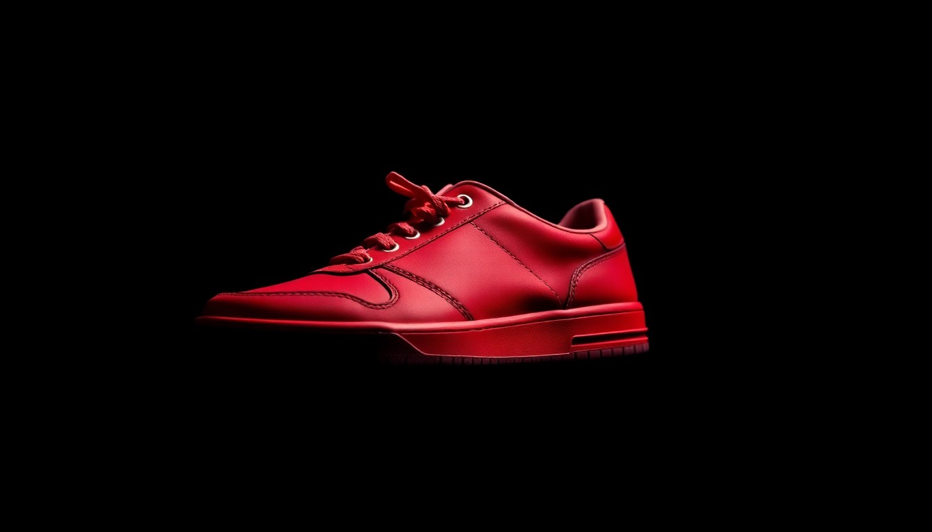 An extreme close-up photograph of a red and black shoe against a pitch-black background, lit by a harsh, direct camera flash, conceptually representing a piece of physical evidence from a crime scene.