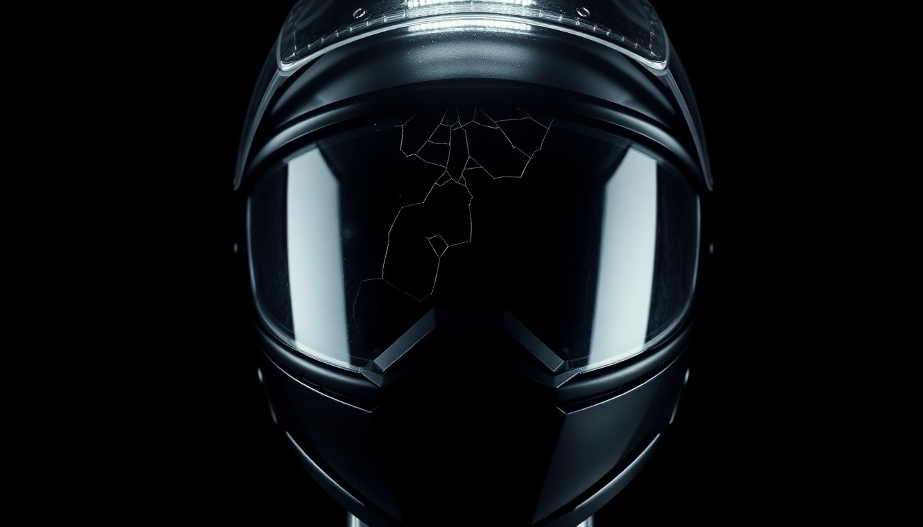 An extreme close-up photograph of a cracked motorcycle helmet visor, conveying the gritty aftermath of a fatal crash through dramatic lighting and stark composition.