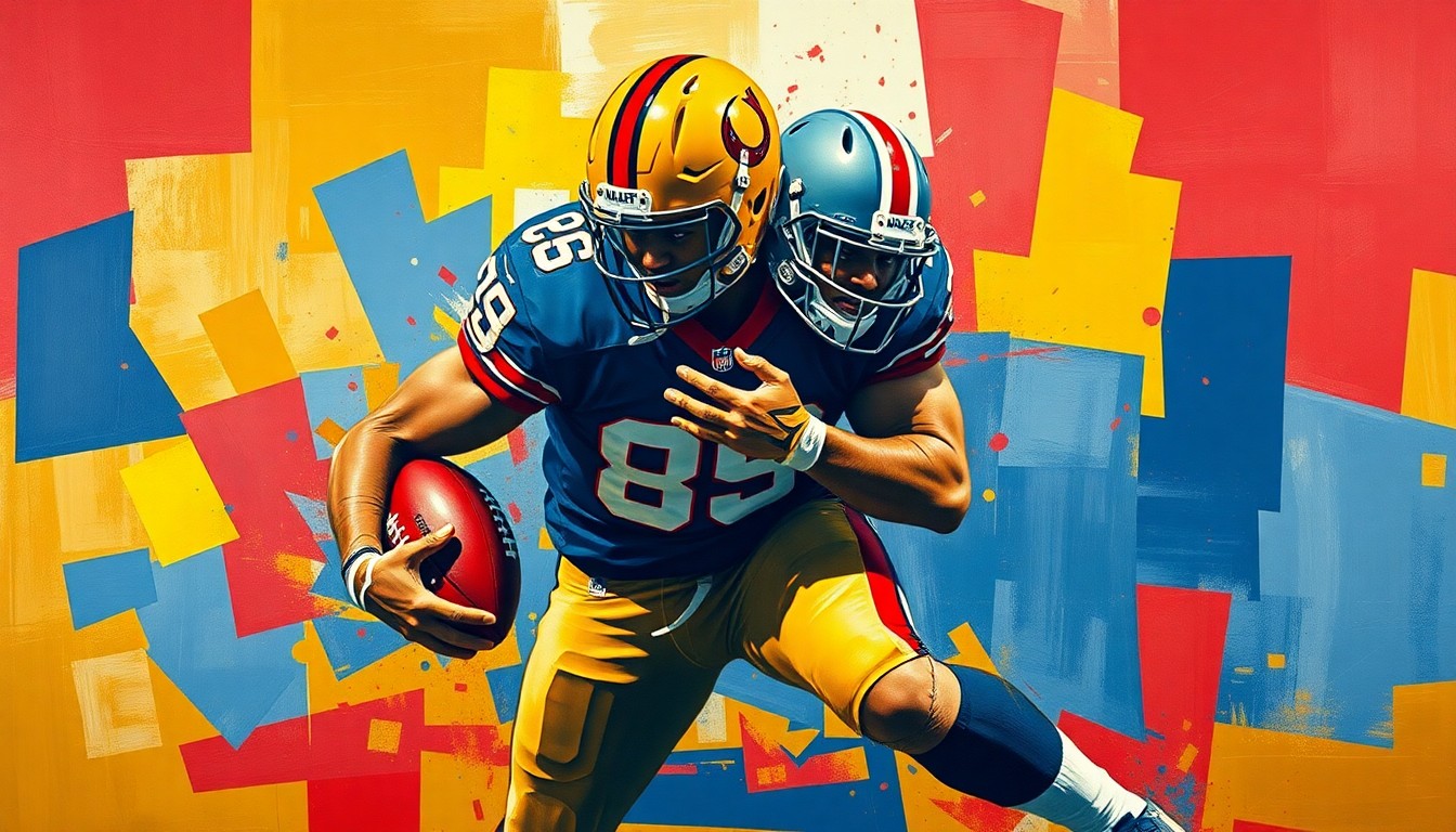 A fragmented, cubist-style painting depicting the dynamic movements of a linebacker making a tackle, with sharp geometric planes in shades of gold, navy, and crimson.