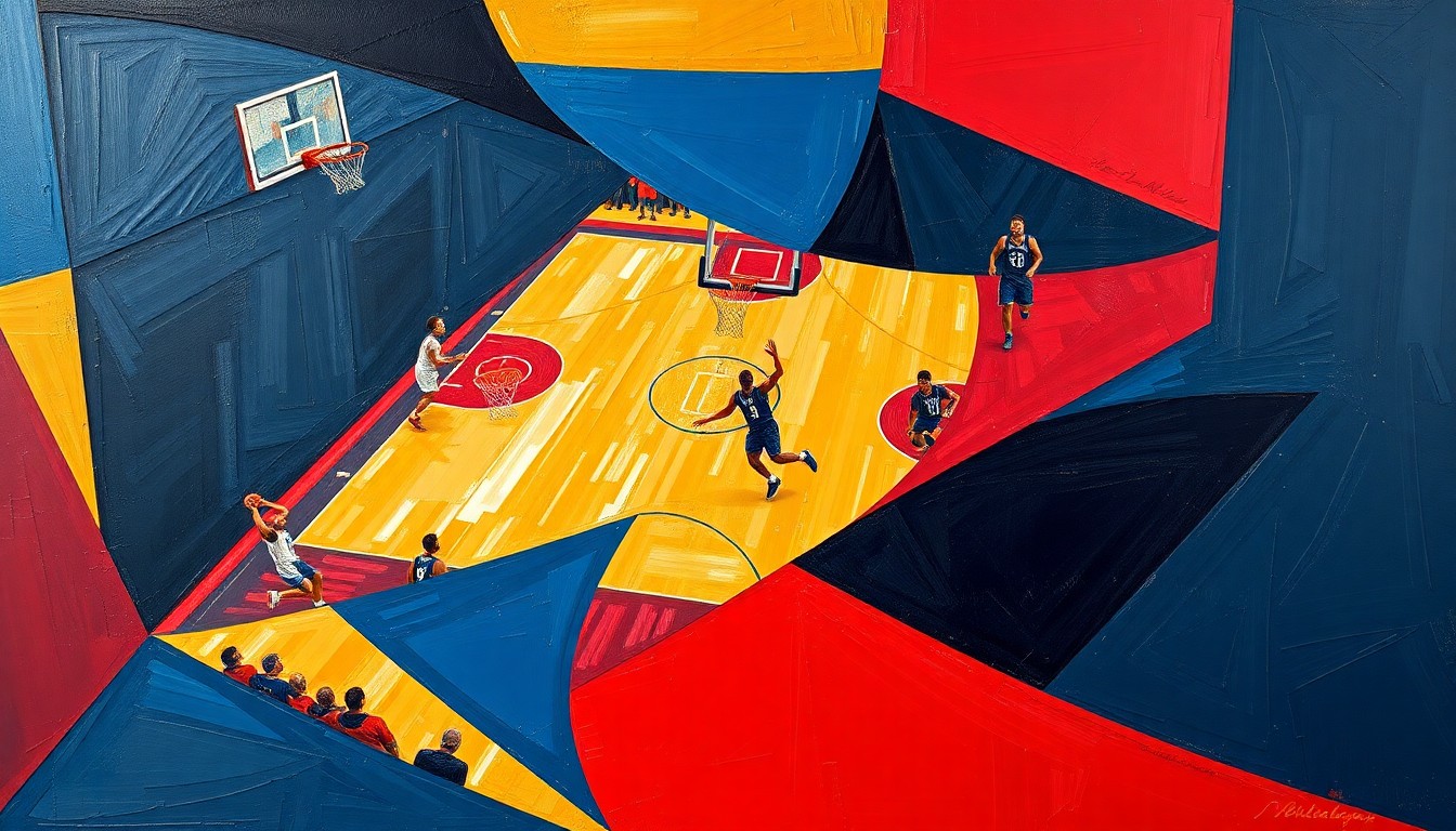 A fragmented, geometric painting in shades of blue, red, and gold, depicting the dynamic movements and energy of a basketball game or match.