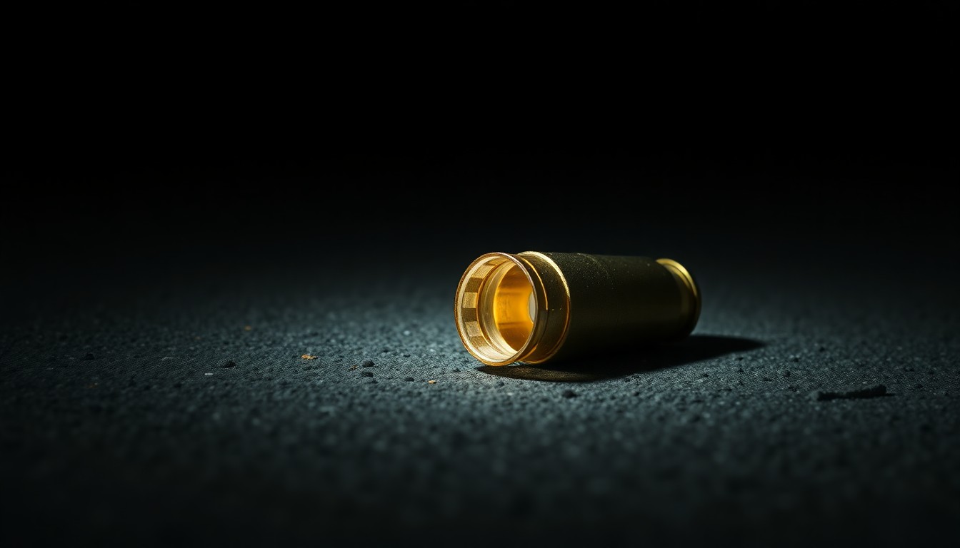 An extreme close-up of a shiny brass shell casing lying on a rough concrete surface, dramatically lit from above by a harsh camera flash, conceptually representing the physical evidence found at the scene of a fatal shooting.