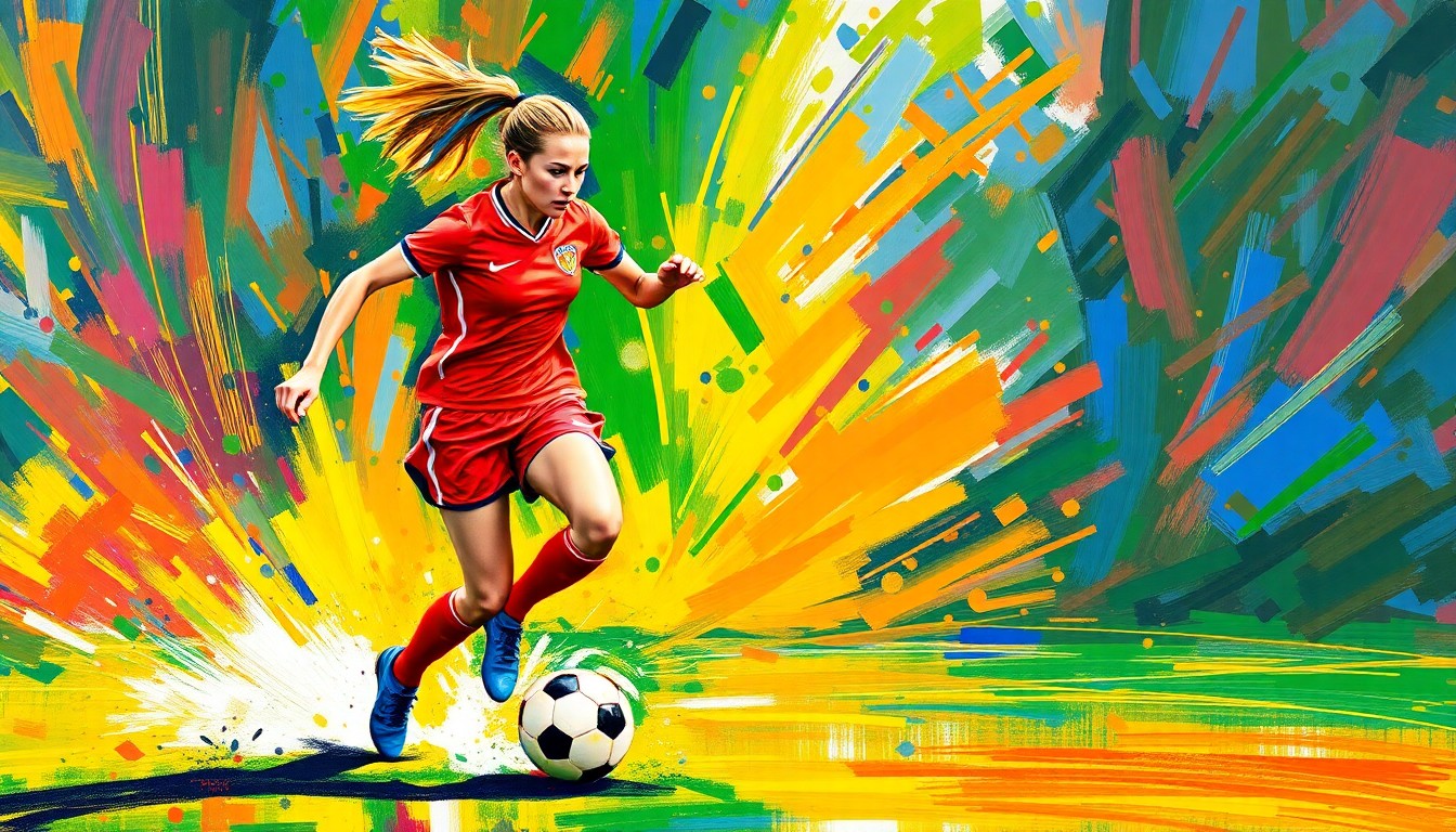 An abstract expressionist painting in neon colors, with bold, energetic brushstrokes depicting the dynamic movements of a female soccer player dribbling the ball, conceptually representing the growing investment and value in women's professional sports.
