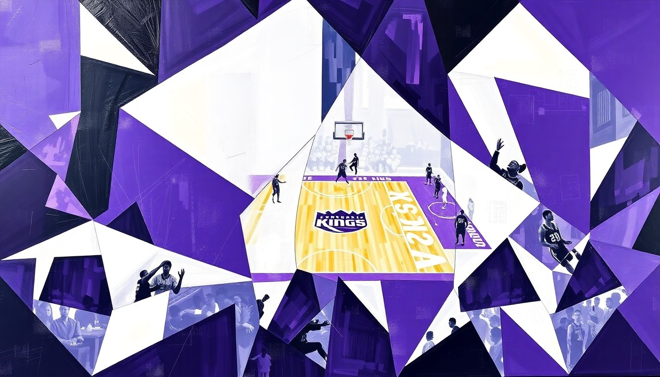 A fragmented, cubist-style painting depicting a basketball game or match, with the players and court broken down into sharp, overlapping geometric shapes in the Sacramento Kings' official colors of purple, white, and black.