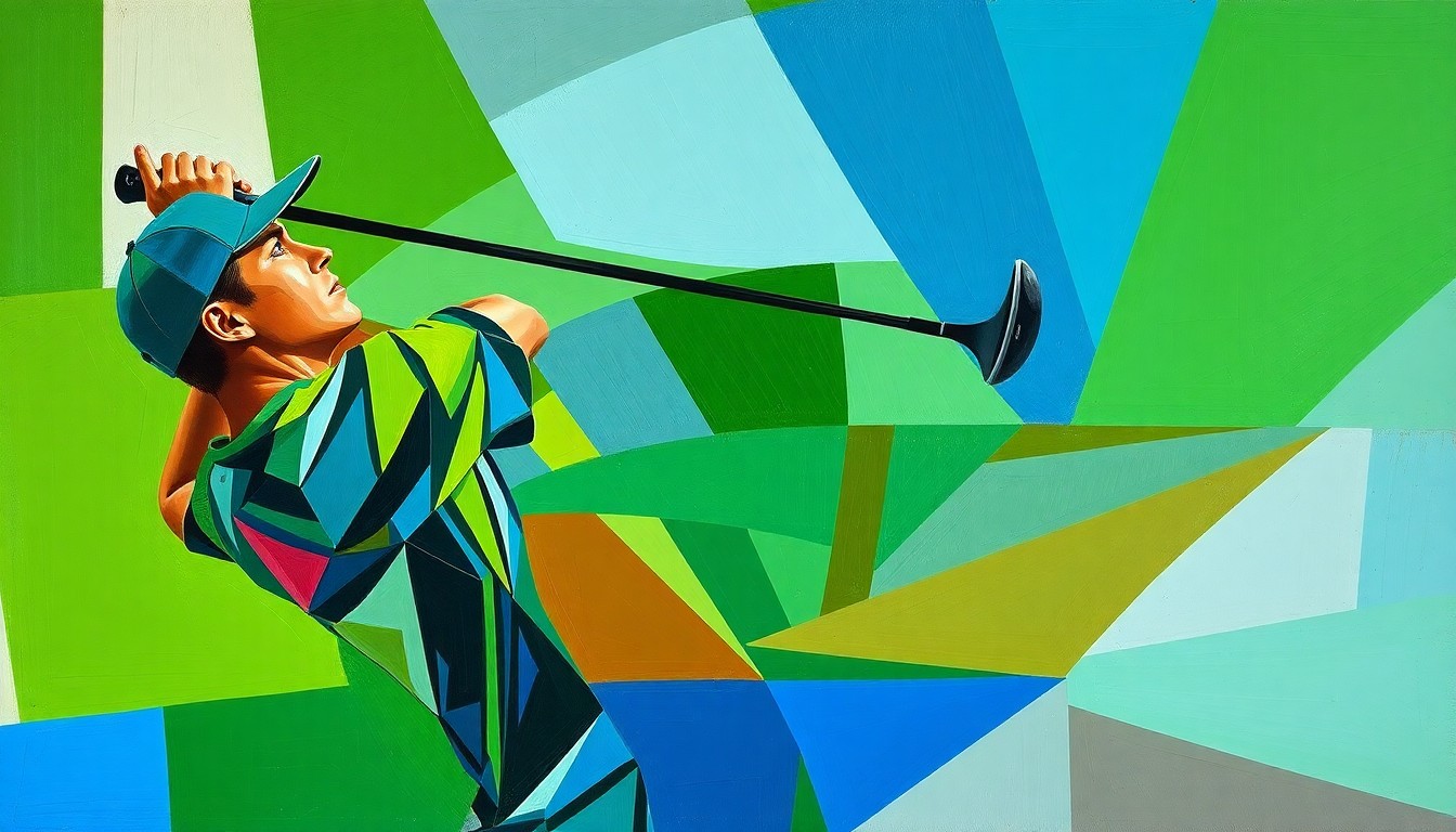 A cubist, geometric painting depicting a golfer's swing broken down into overlapping planes of color, representing the challenges of winning a major title.