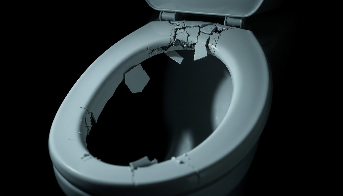 An extreme close-up photograph of a shattered porcelain toilet seat, the jagged edges and splintered ceramic conceptually representing the destructive power of a homemade explosive device.