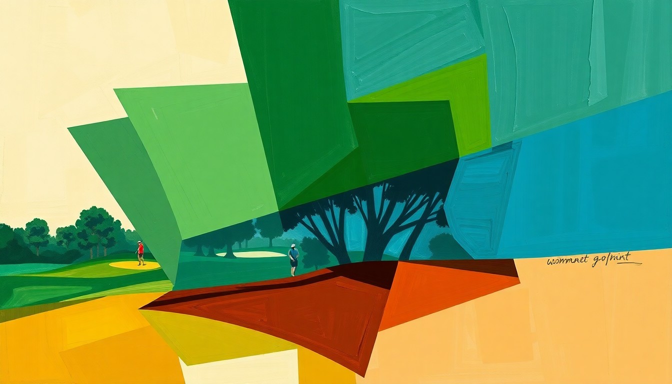 A fragmented, geometric painting depicting the dynamic action and multiple perspectives of a women's golf tournament, with sharp planes of green fairways, brown bunkers, and blue skies.