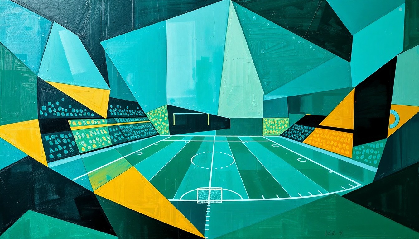 A fractured, geometric painting depicting a football player in motion, with their features and uniform broken down into sharp, overlapping planes of teal, gold, and black, conveying the conceptual idea of social media misinformation surrounding a high-profile athlete's appearance.