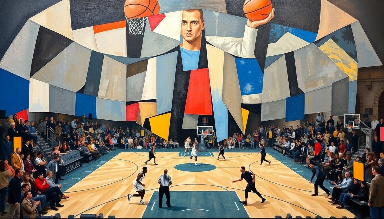 A fragmented, geometric painting depicting the angular form of a towering basketball player surrounded by smaller, overlapping shapes representing the action on the court, conveying the power and physicality of a dominant center.