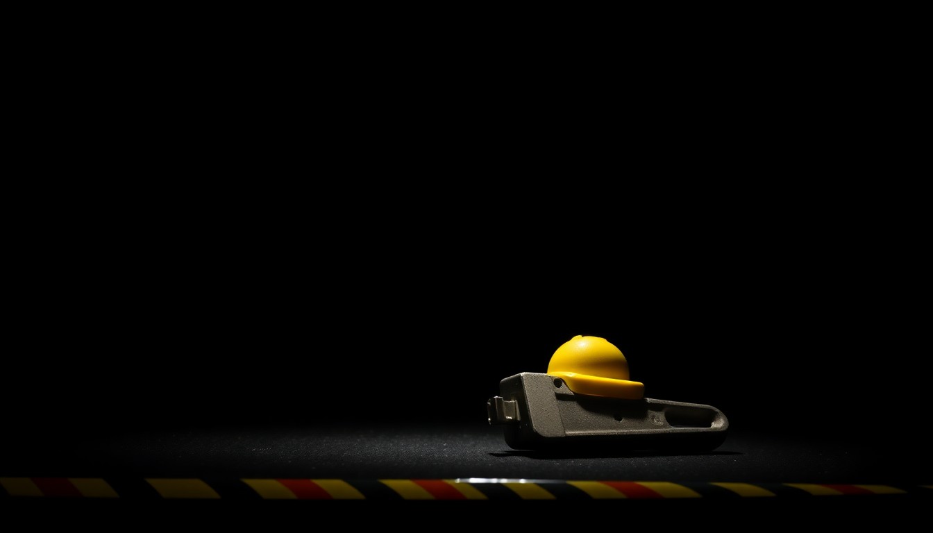 An extreme close-up photograph of a single, unidentified tool or piece of construction equipment found at the crime scene, its textured surface and metallic details dramatically illuminated by a harsh, direct camera flash against a pitch-black background, conceptually representing the mysterious circumstances surrounding the victim's death.