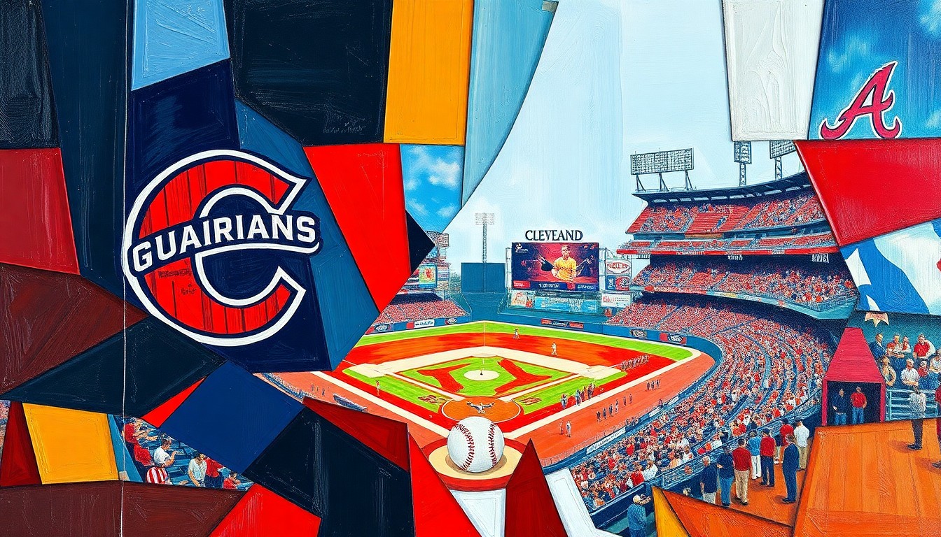 A fractured, geometric painting depicting a baseball game between the Cleveland Guardians and Atlanta Braves, with sharp overlapping planes in the teams' respective colors.