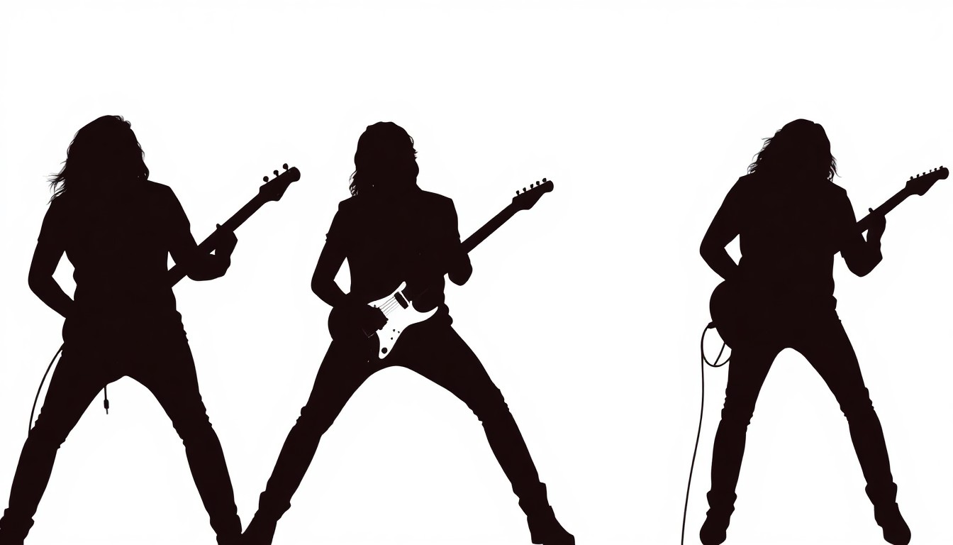 An abstract illustration featuring bold, jagged black silhouettes against a bright red background, conceptually representing the raw energy and guitar-driven performance of a rock musician.