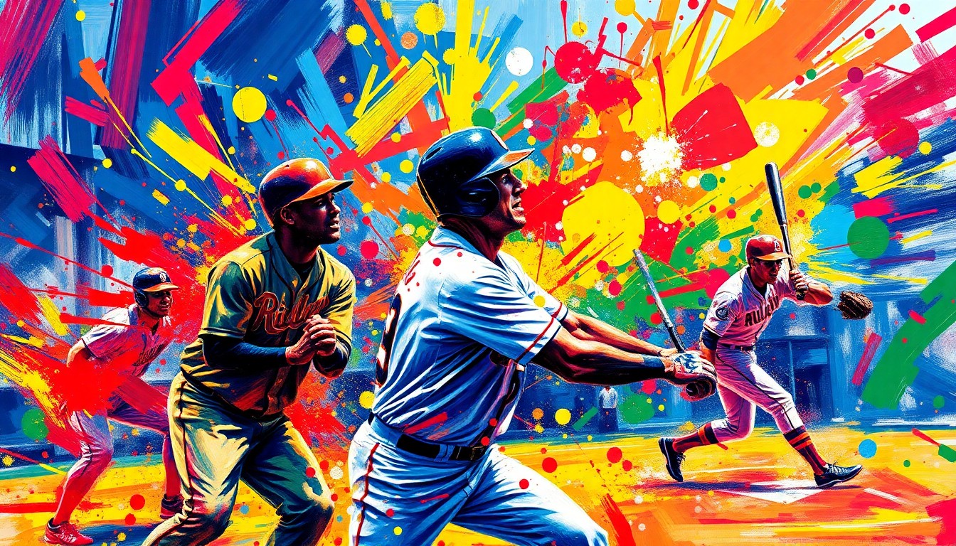 An abstract, expressionist painting in vibrant neon colors, capturing the dynamic motion and energy of a baseball game with players' forms dissolving into unrecognizable brushstrokes.