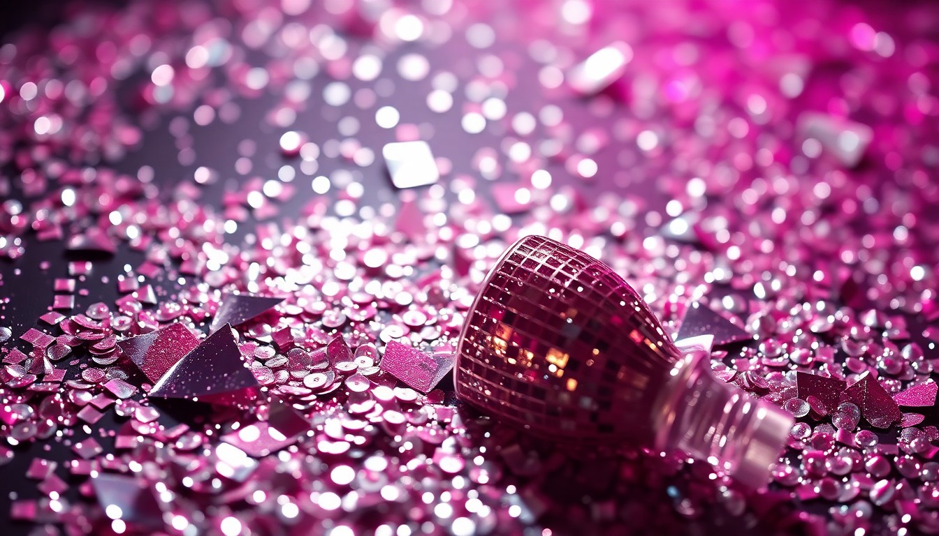 An abstract close-up photograph of shimmering sequins and shattered glass, capturing the glamour and drama of the Love on the Spectrum cast's personal lives.
