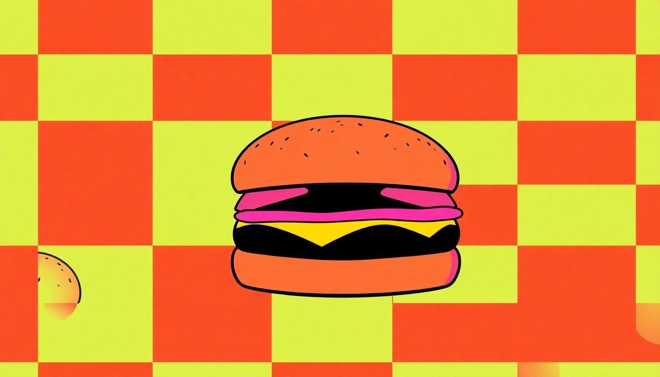 A bold, colorful silkscreen print featuring a single, iconic burger repeated in a tight grid pattern, using a high-contrast palette of bright neon hues and heavy black outlines to transform the everyday food item into a modern pop art piece.