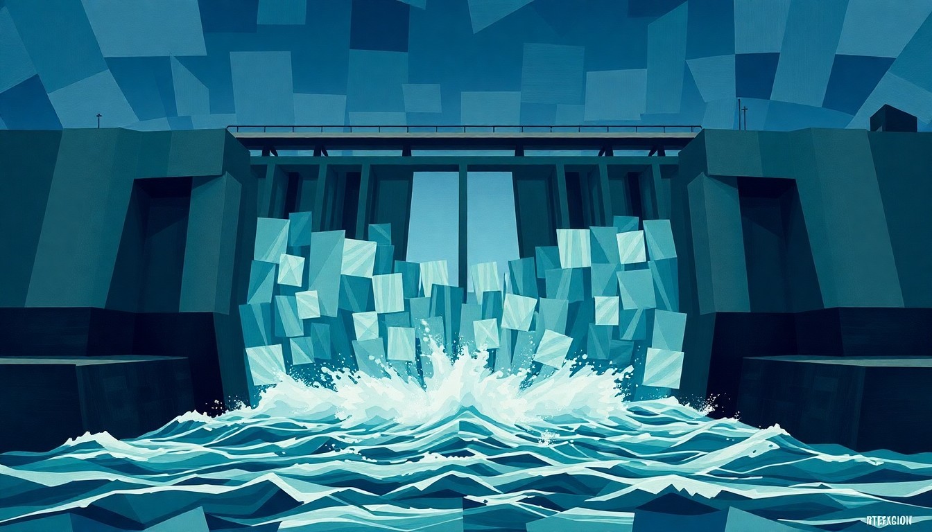 A fractured, geometric painting depicting a large dam structure with rushing water, representing the Brandon Road Project and the battle to keep Asian carp out of the Great Lakes.