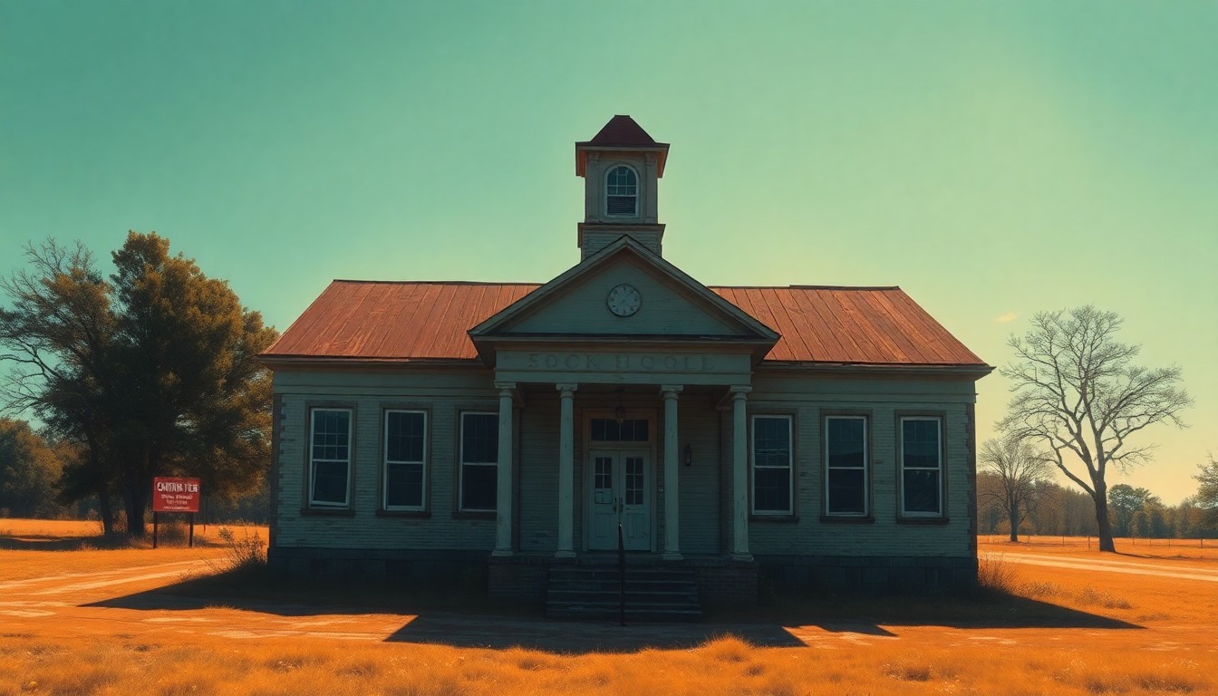 A nostalgic, cinematic painting of an old, weathered school building in a small town, with warm sunlight casting long shadows across the cracked pavement and overgrown weeds, conveying a sense of neglect and the need for investment in education infrastructure.