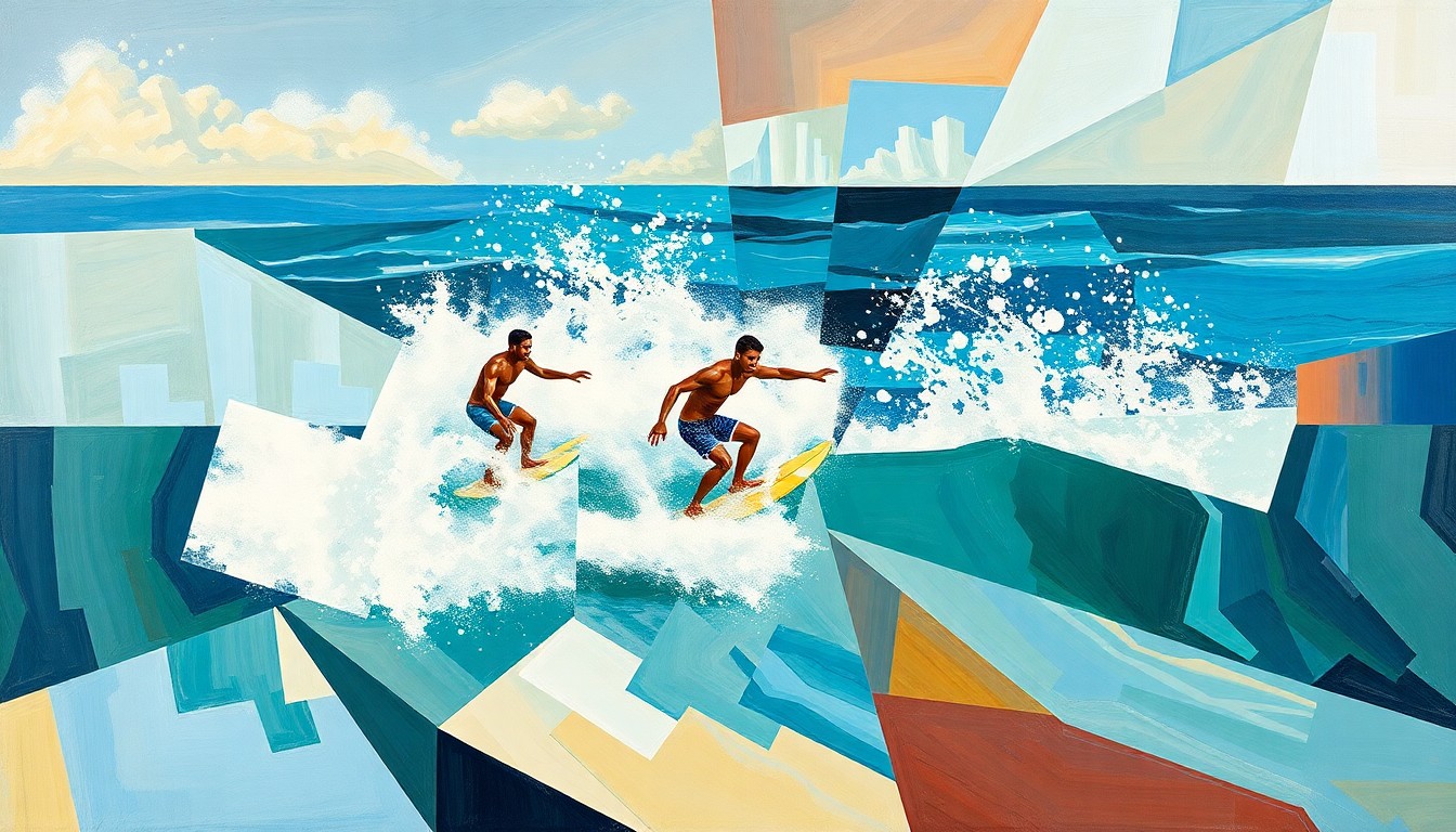 A cubist, geometric painting depicting a surfer mid-maneuver, with their form fractured and overlapping into sharp, angular planes of color.