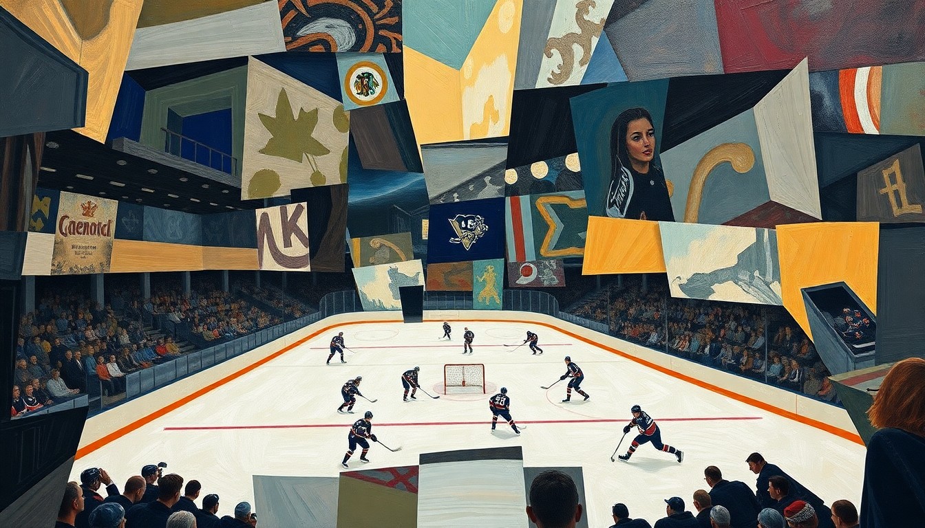 A cubist-style painting depicting a hockey game, with the players and the rink broken down into sharp, overlapping geometric shapes in shades of blue, red, and white, conveying the intensity and energy of the sport.