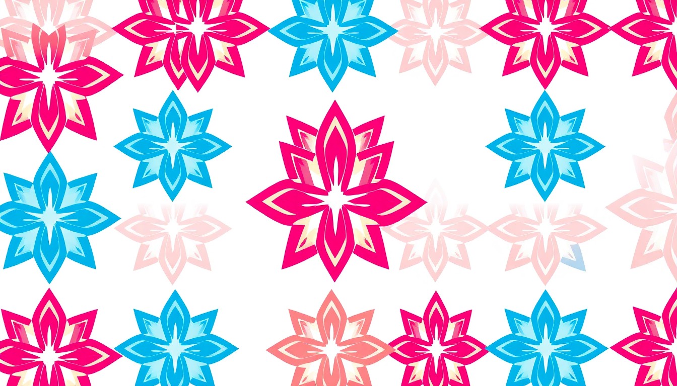 A vibrant, high-contrast silkscreen print of Mauldin's new city logo, a geometric star-like emblem featuring interlocking lines in shades of blue and magenta-red, repeated in a grid pattern to create a modern pop art aesthetic.