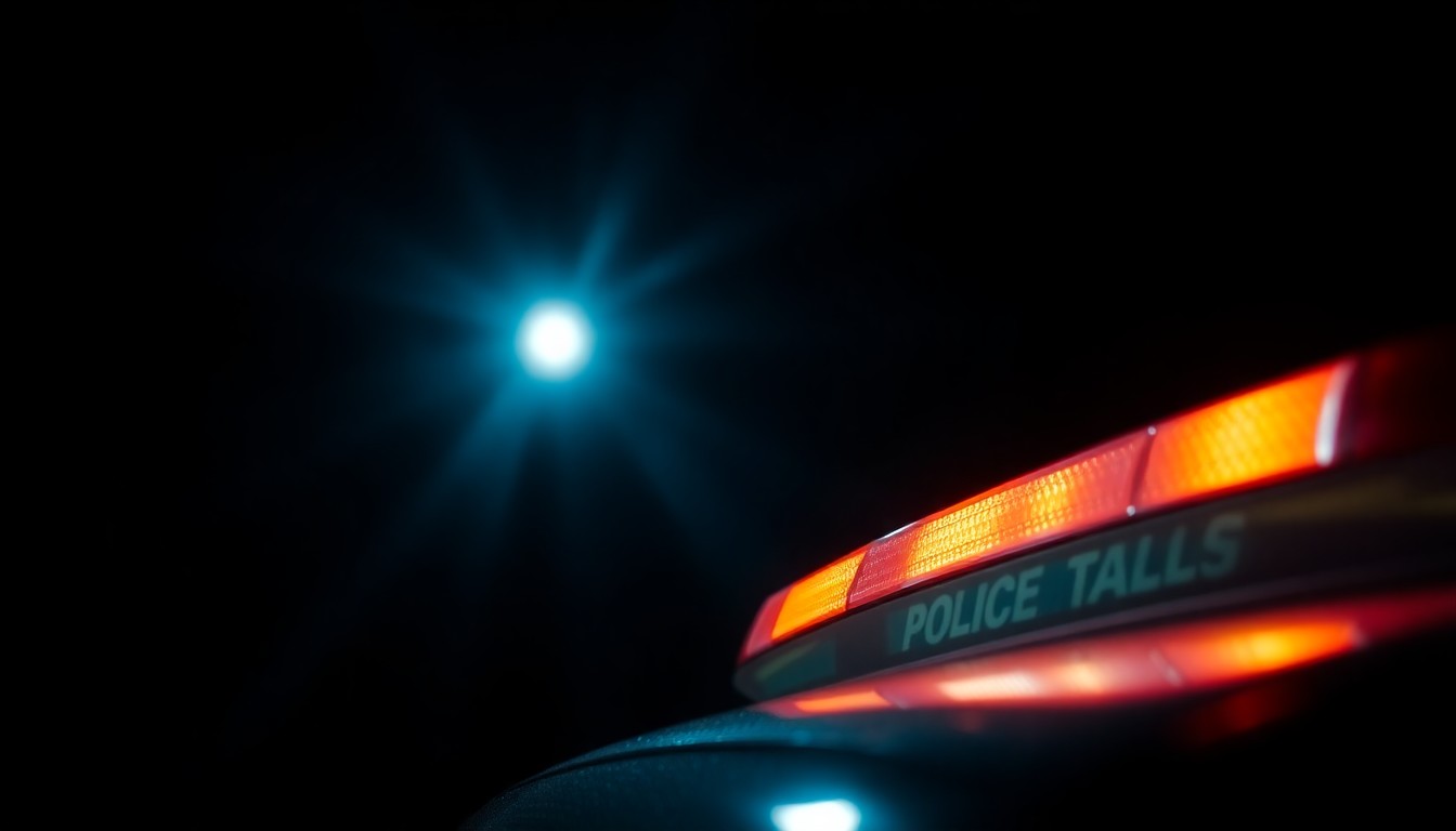 An extreme close-up of a police car's siren light, capturing the stark, gritty, and investigative aesthetic of the Weegee photographic style.