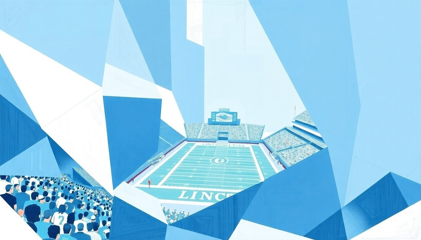 A cubist, geometric painting depicting a fragmented college football game, with sharp planes of light blue and white representing the dynamic action on the field.
