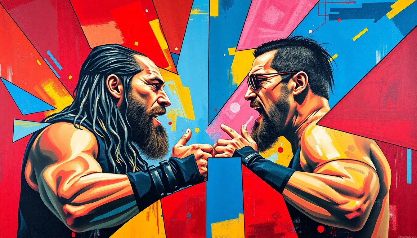 A fragmented, cubist-style painting depicting a wrestling match between two figures, their bodies and movements broken down into sharp geometric shapes and planes of color, conveying the intense physicality and technical precision of elite-level professional wrestling.