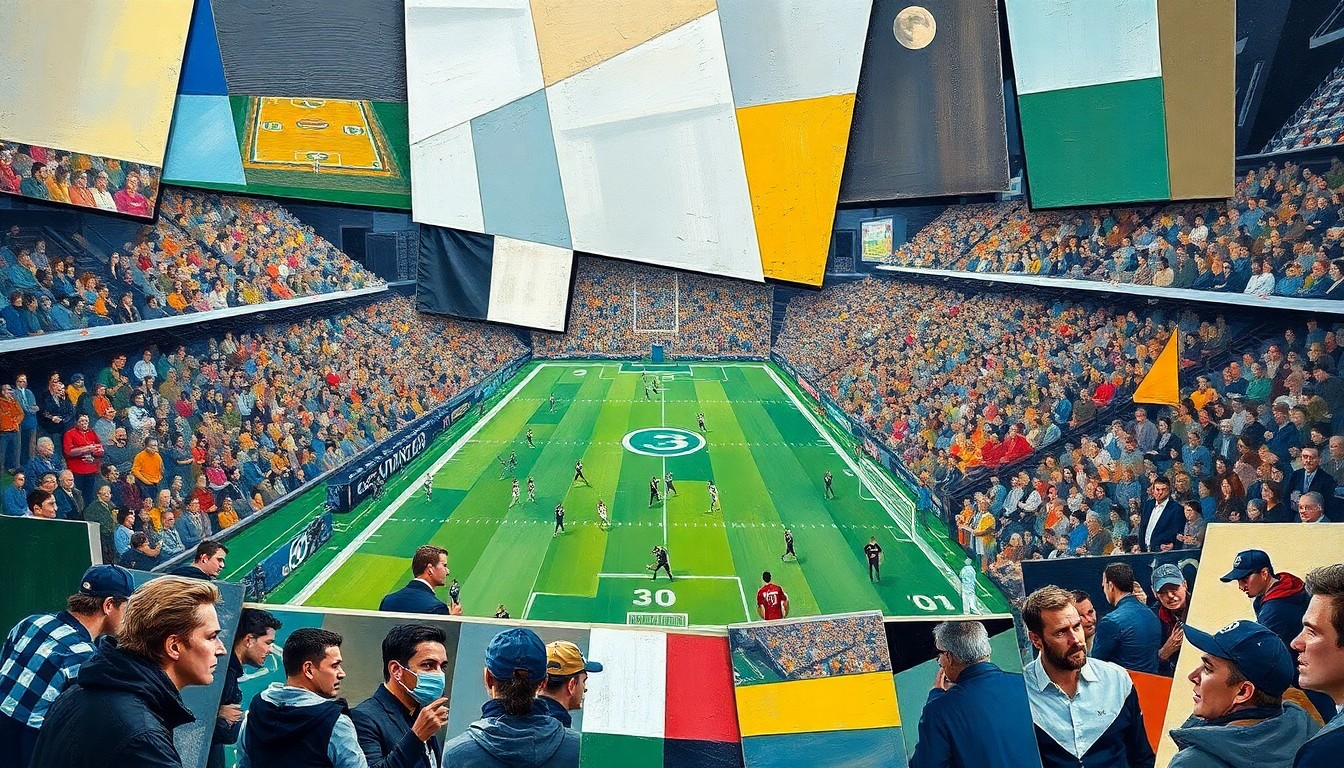 A cubist-style painting depicting a fragmented, multi-angled view of a football game, with sharp geometric shapes and planes representing the obstacles and challenges faced by the athlete in the story.