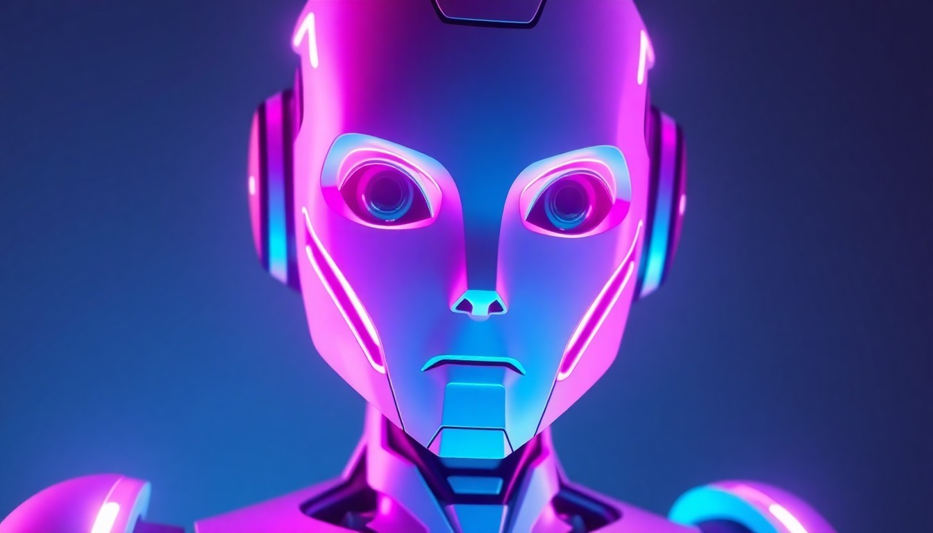 A highly detailed, glowing 3D illustration of a humanoid robot with smooth, angular features and illuminated by neon cyan and magenta lights, conceptually representing the intersection of technology and diplomacy in shaping the future of education and child safety.