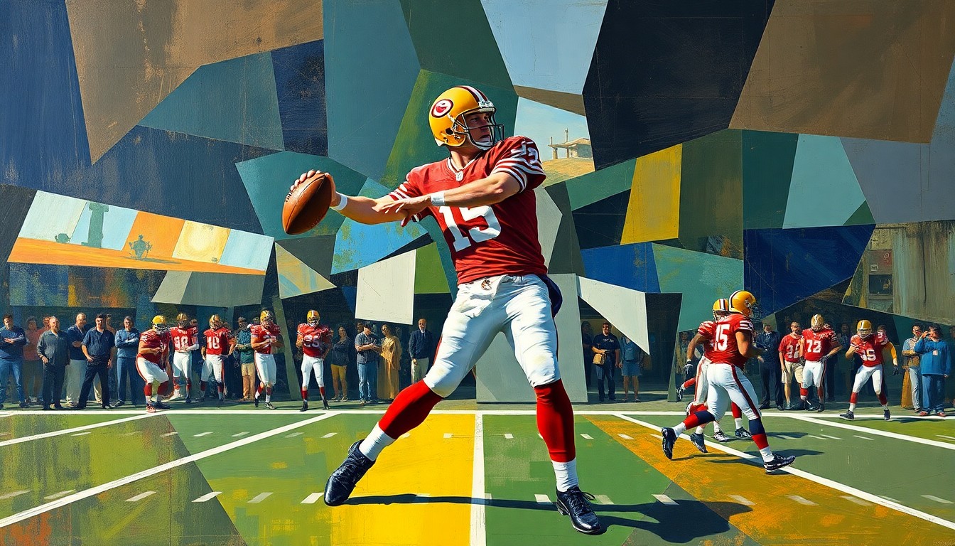 A cubist, geometric illustration depicting a quarterback's throwing motion broken down into overlapping, angular shapes, representing the physical toll of injuries on an athlete's performance.