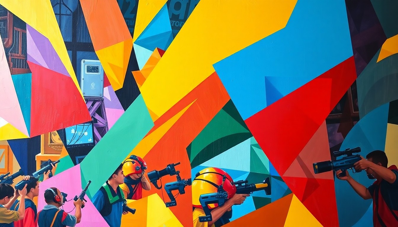 A fragmented, geometric painting in bold colors representing the different elements of a high school esports competition, with overlapping shapes and planes conveying the energy and excitement of the event.