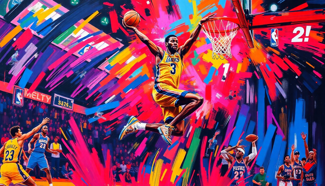 A dynamic, neon-colored painting depicting an NBA basketball player in mid-jump, their body blurred and distorted by the rapid brushstrokes, capturing the raw energy and excitement of the game.
