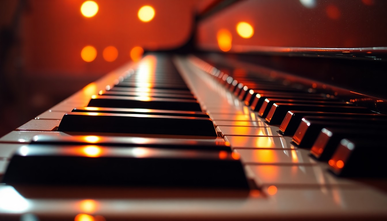 An abstract close-up photograph of shiny, reflective piano keys bathed in warm, dramatic lighting, conveying the intimate, melodic qualities of Gary Barve's original song 'Love Heartbeat'.