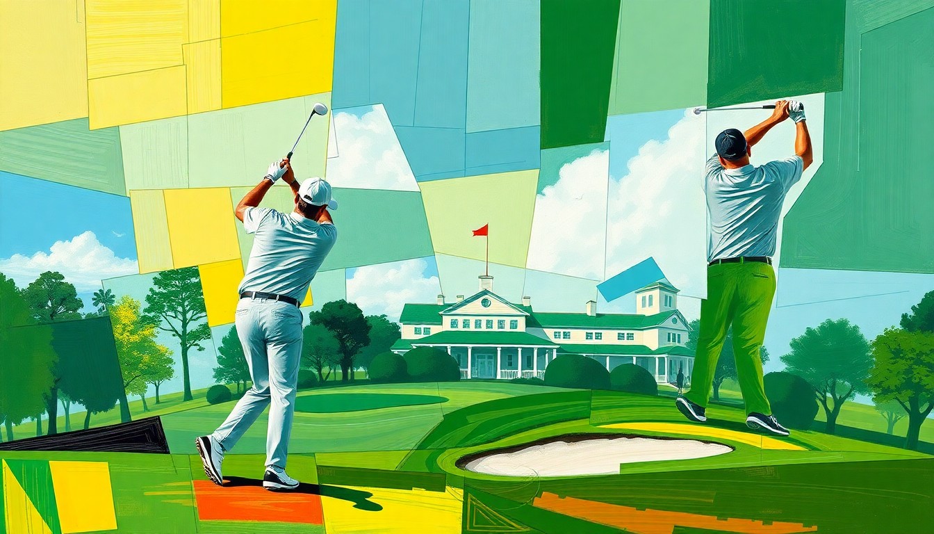 A fractured, cubist-style painting depicting the geometric shapes and planes of a golfer's swing and the iconic Augusta National clubhouse, using a vibrant color palette of greens, blues, and yellows to capture the energy and drama of the Masters Tournament.