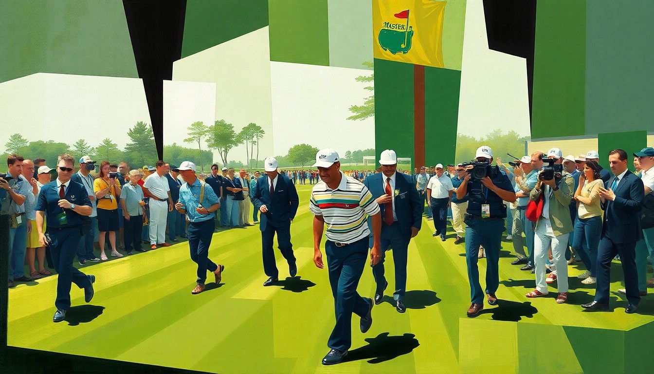 A cubist, geometric painting depicting the fragmented, overlapping shapes of a golfer walking with several security personnel, conveying the complex dynamics of high-profile athletes and event security.