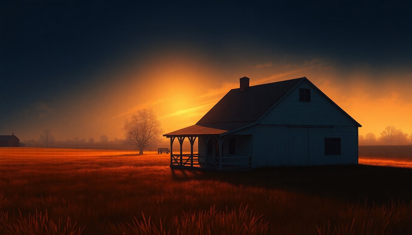 A serene, painterly image of an Iowa farmhouse in warm, golden light, conveying a sense of quiet contemplation about the challenges of climate change facing rural communities.