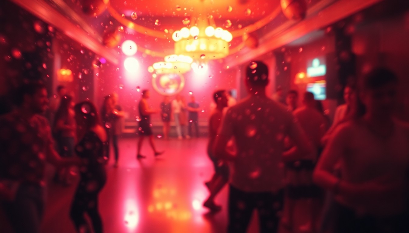 An abstract, impressionistic image of a dance hall scene, with blurred figures and bursts of warm, colorful light, conveying the energy and emotion of Marty Halas' passion for dance.