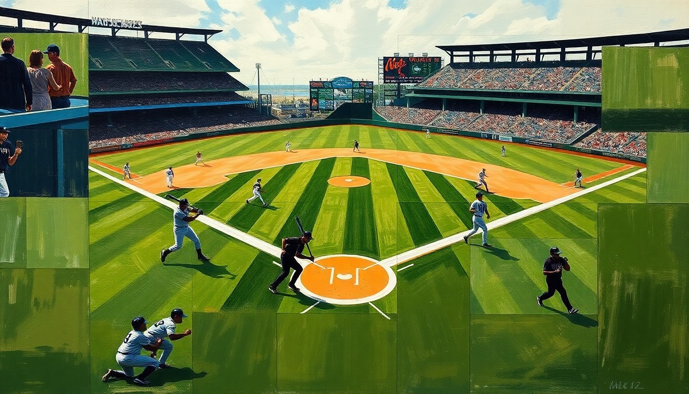 A cubist, geometric painting depicting the motion and energy of a baseball game, with overlapping planes of green, white, and silhouetted players, conveying the competitive spirit of the Athletics' series victory.