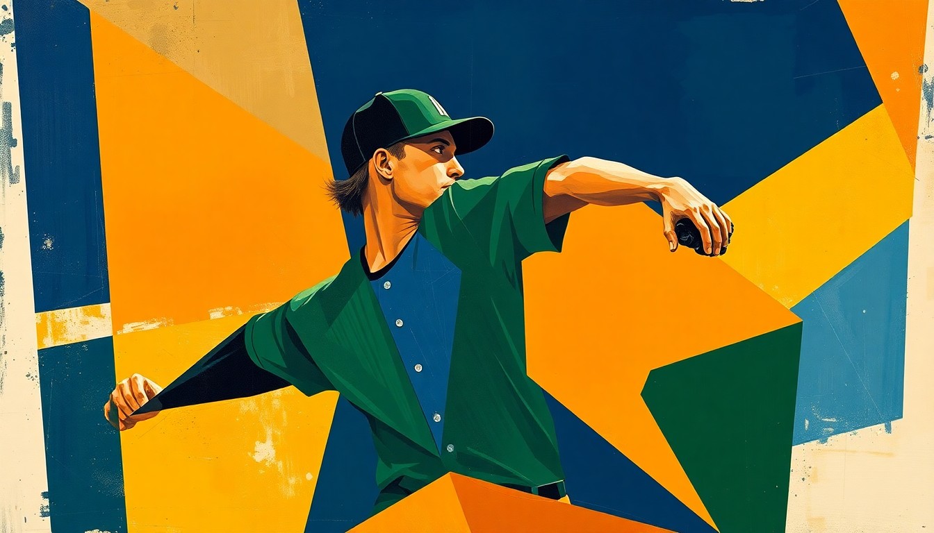 A cubist, geometric painting depicting the fractured motion of a baseball pitcher's throwing arm, with sharp, overlapping planes of navy, green, and orange.