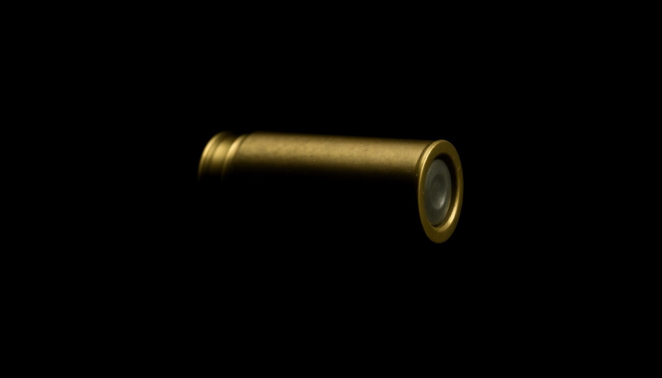 An extreme close-up photograph of a single 9mm shell casing against a pitch-black background, capturing the stark, gritty details of the physical evidence in this crime story.