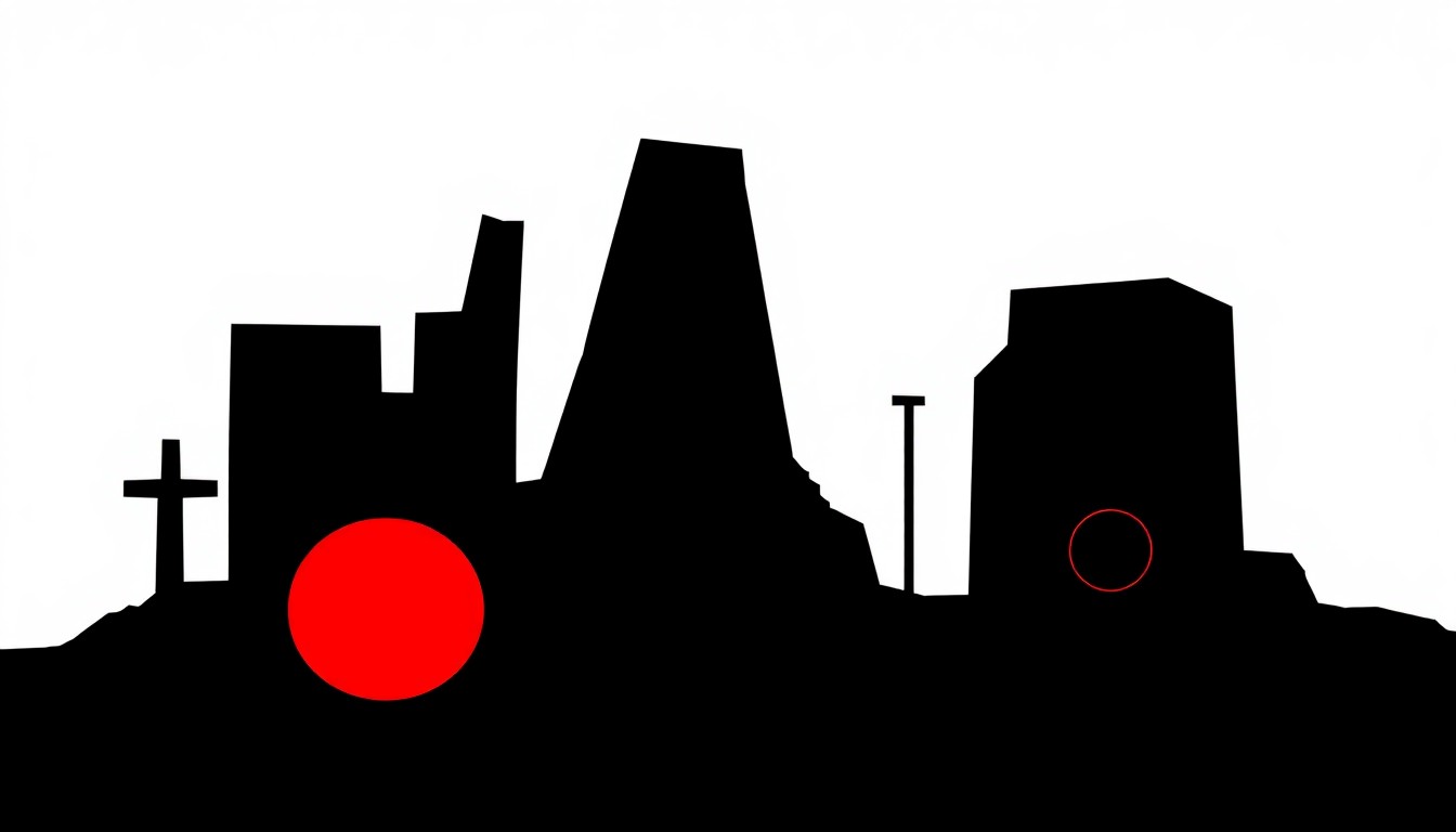 An abstract composition of stark, jagged geometric shapes in bold red and black, conceptually representing the launch of a new rock radio station in Las Cruces.