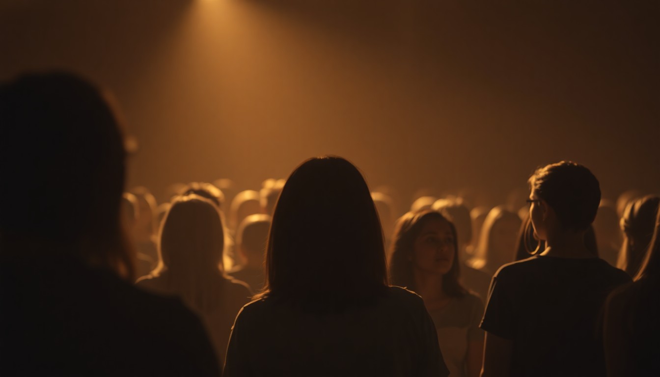 An abstract, out-of-focus photograph showing a group of people gathered in a dimly lit auditorium, their faces obscured by soft pools of warm light, conveying a sense of solemnity and community support.